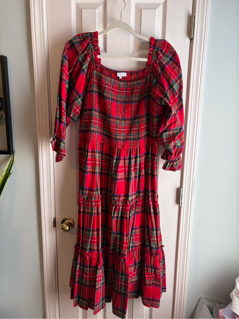 Ivy City Co Red Plaid Smocked Midi Dress